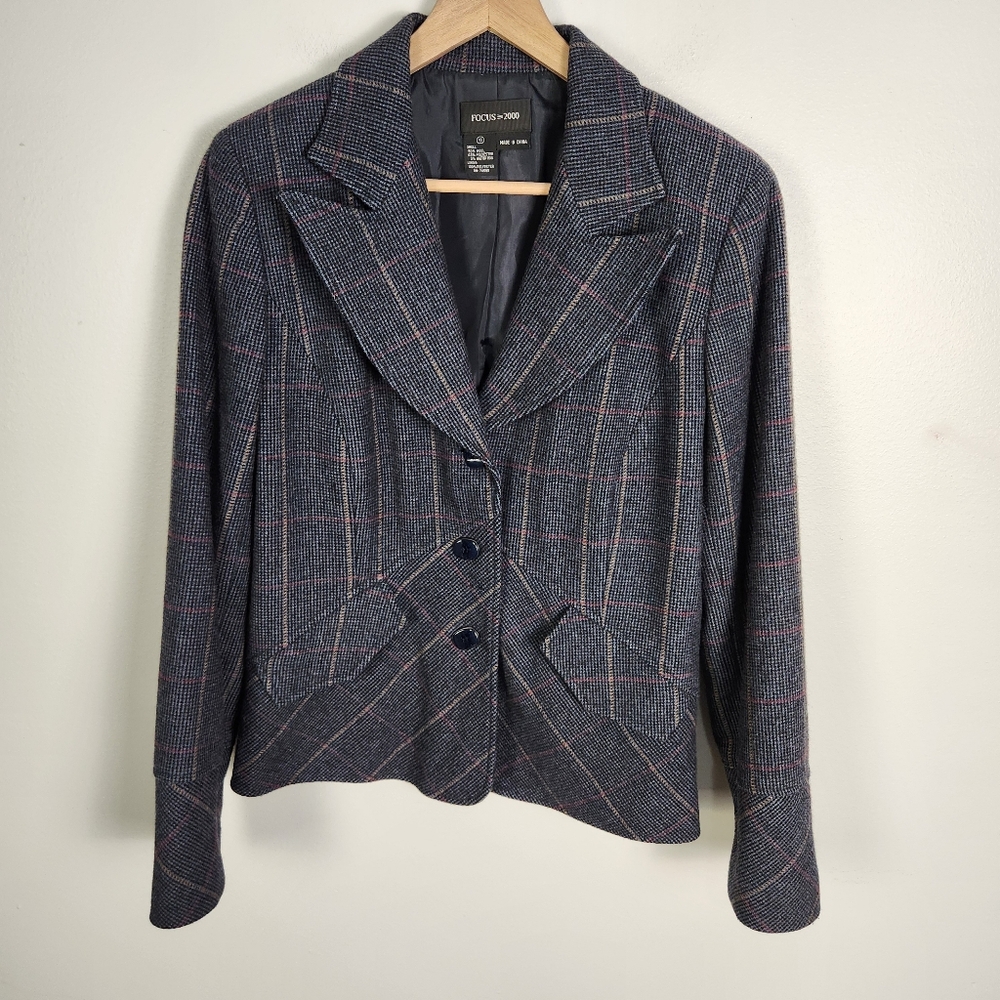 NWOT Vintage Focus 2000‎ Blue Gray Plaid Wool Blend Blazer Jacket Size 10 #689